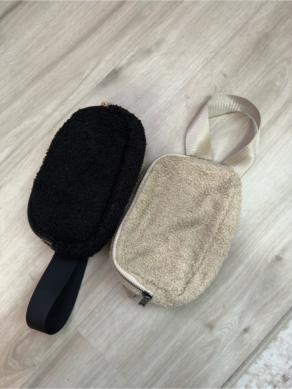 2pc Teddy Sherpa Belt Bag Crossbody Sling Black Cream Fanny Pack Lot